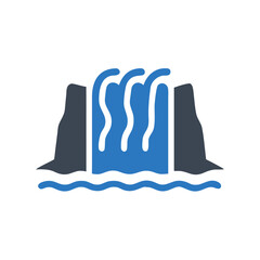 Waterfall icon with flowing water and rocky cliffs on white background  