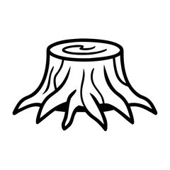 Tree stump with roots in simple black and white illustration  