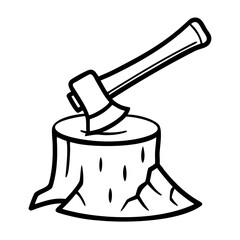 Axe embedded in tree stump on white background  