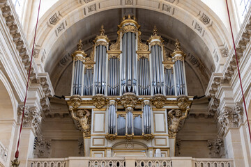Close-Up of Baroque Pipe Organ, Religious Art in Historic Catholic Church