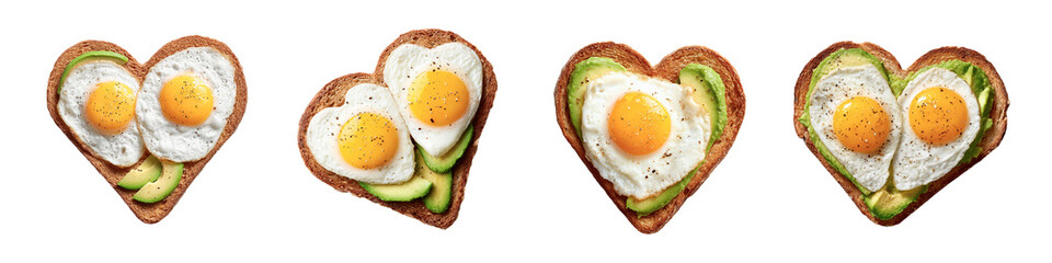 Sticker pack with different toasts for breakfast, food collection with avocado, bread and eggs isolated on a transparent background, clipart assortment