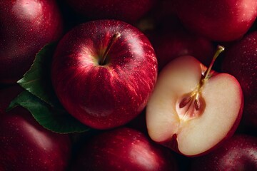 Close up shot of shiny red apples with one apple cut in half and green leaf on dark background