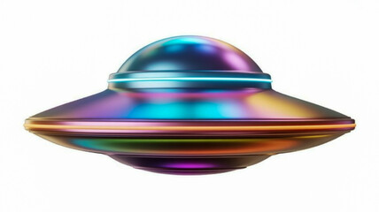 A photorealistic 3D render of a UFO with a metallic, iridescent surface that reflects various colors including blue, purple, pink, and orange