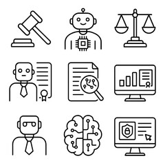 Fototapeta premium AI Law Icons. Outline style icons of AI in Law: digital judge gavel, AI legal assistant, justice balance with chip, contract