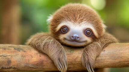 Naklejka premium A close-up of a baby sloth clinging to a branch with big, curious eyes and a gentle smile.