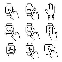 Smartwatch Gesture Icons. Outline style icons of Smartwatch Gestures: wrist tap, swipe on small screen, digital crown rotate,