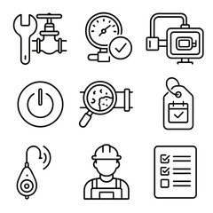 Maintenance Icons Collection. Outline style icons of Maintenance and Inspection: wrench with valve, pressure gauge check, pipeline