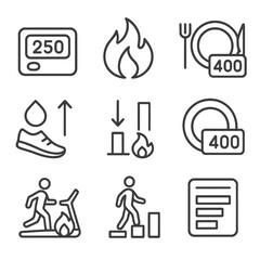 Calories and Energy Icons. Outline style icons of Calories and Energy Burn: calorie counter icon, burn fire symbol, energy in/out