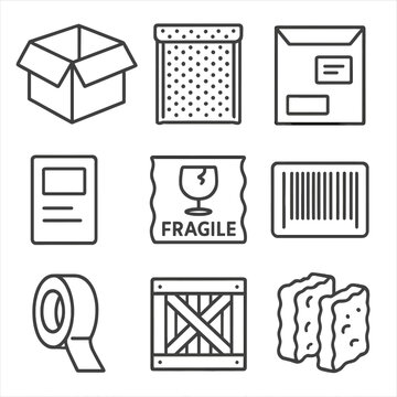 Shipping Packaging Icons. Outline style icons of Shipping and Mailing Packaging: corrugated box, bubble wrap envelope, padded