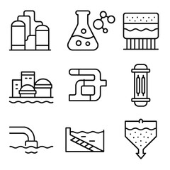Industrial Water Treatment Icons. Outline style icons of Industrial Water Treatment: industrial tank system, chemical treatment