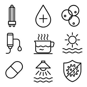 Water Disinfection Icons. Outline style icons of Water Disinfection: UV lamp icon, chlorination drop, ozone bubble, chemical