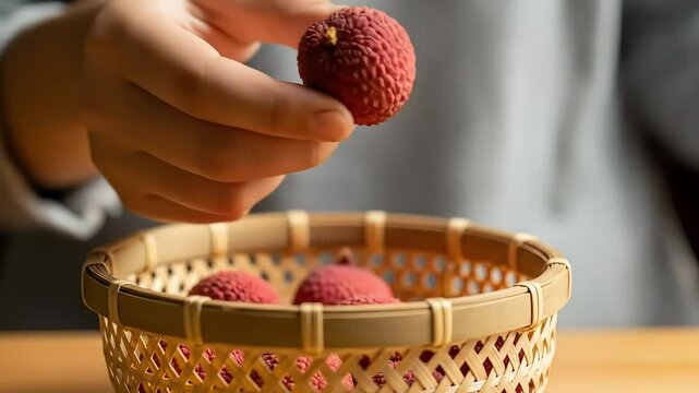 Picking Fresh Lychees from a Woven Basket.