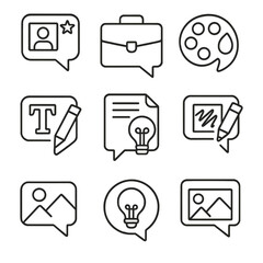 Design Messaging Icons. Outline style icons of Artistic and Design Messaging: design critique bubble, portfolio chat icon, color