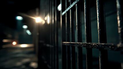 Close-up view of prison bars in a dimly lit correctional facility during late hours. late echo. Illustration