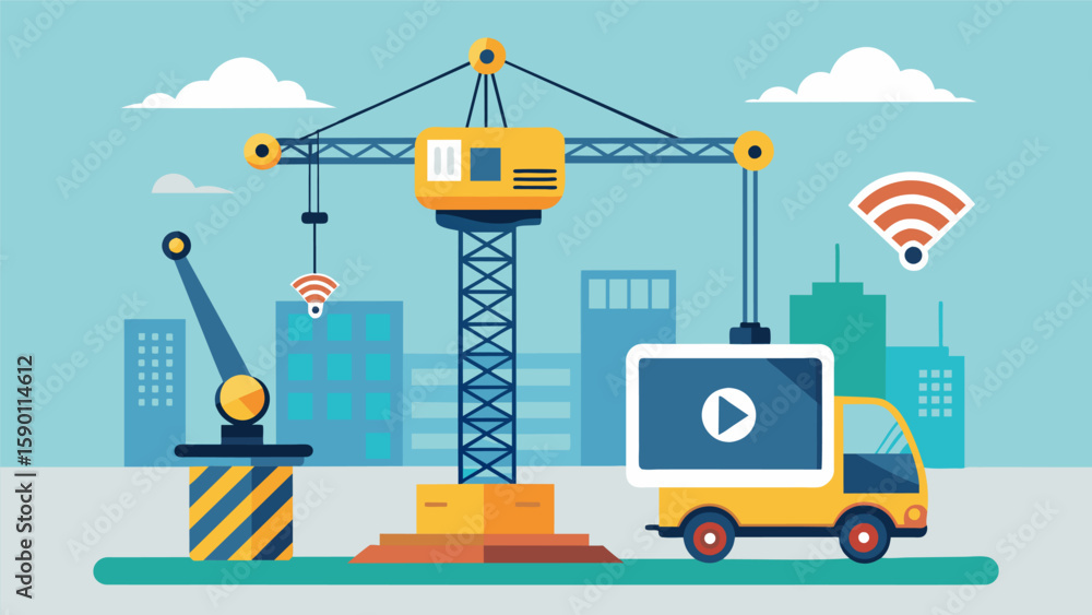 Poster a smart crane equipped with sensors and cameras providing 360degree views of the construction site t