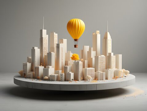 Cityscape miniature paper art with yellow hot air balloon travel and architecture