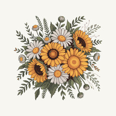 Boho Wildflower Bouquet – Hand Drawn Botanical Floral Illustration in Neutral Tones