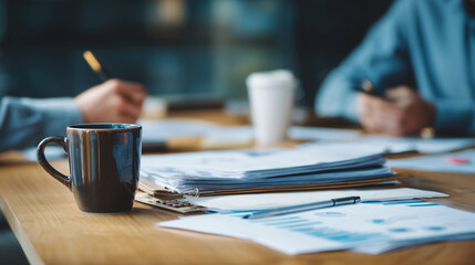 Close-up of business team discussing project over documents and coffee, modern table