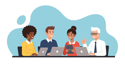 Diverse team collaborating on project; ideal for websites, presentations, or social media posts about teamwork, diversity, and innovation.
