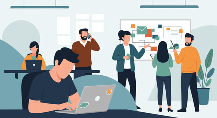 Modern office teamwork illustration, perfect for websites, presentations, and marketing materials showcasing collaboration and productivity.