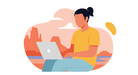 Person working on laptop outdoors, ideal for blog posts about remote work, digital nomadism, or travel.