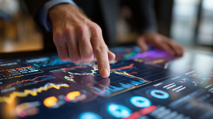 Businessman pointing at financial graph on large touchscreen, focused look