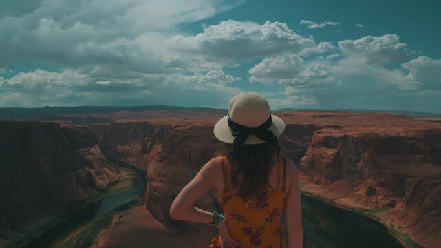Woman in a floral dress and sunhat gazes at the majestic Horseshoe Bend from a high vantage point, with the Colorado River winding far below.
