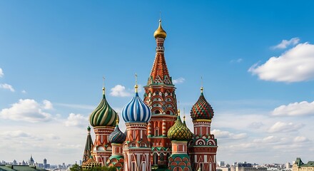 Iconic Russian Orthodox Cathedral with Colorful Onion Domes Against a Blue Sky with Clouds Symbolizing Faith and Architectural Heritage
