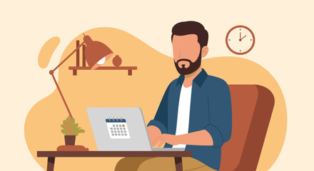 Illustration of a man working on his laptop, perfect for blog posts about productivity, remote work, or time management.