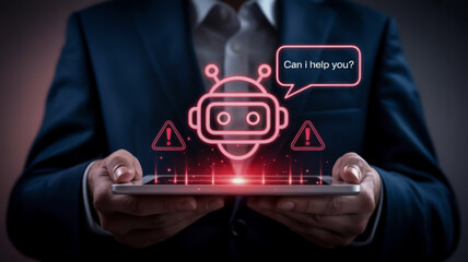 A professional business concept image showing a person in a dark navy suit holding a floating digital tablet with a holographic interface