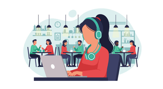 Woman working on laptop in a cafe, ideal for blog posts about remote work, freelancing, or the digital nomad lifestyle.