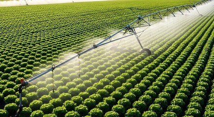 Agricultural irrigation system watering a vast field of fresh green lettuce plants on a sunny day highlighting sustainable farming practices and modern technology