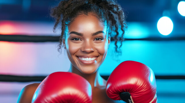 Confident smiling female boxer in boxing ring promoting strength and positivity - Powered by Adobe