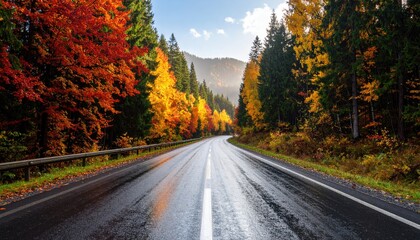 Fototapeta premium Autumn mountain road, wet asphalt, colorful trees