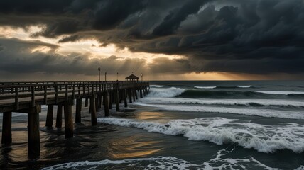 Obraz premium Pier at dawn, stormy clouds, ocean waves