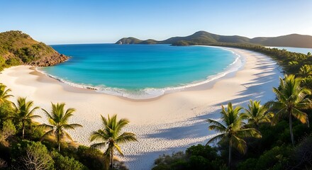 Obraz premium Beautiful Tropical Beach Paradise With Palm Trees Turquoise Water White Sand and Lush Green Hills Under a Clear Blue Sky Scenic Panoramic Vacation Destination