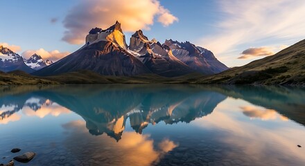 Majestic mountain peaks reflected in a serene turquoise lake at sunrise under a cloudy sky creating a breathtaking natural landscape panorama