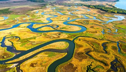 Aerial view of winding rivers and waterways through a colorful landscape
