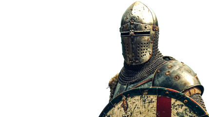 Medieval knight in full armor with a helmet and a crusader shield, isolated on a clean white background, ready for battle or historical depiction. Isolated over a transparent png backdrop