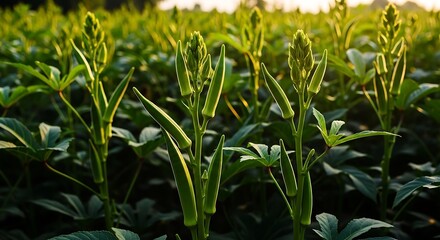 Obraz premium Lush green okra plants bearing abundant pods under the soft glow of sunset in a vast agricultural field showcasing organic farming and healthy vegetable growth