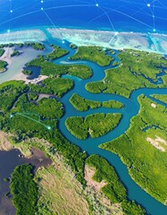 Aerial view of winding waterways and lush green islands