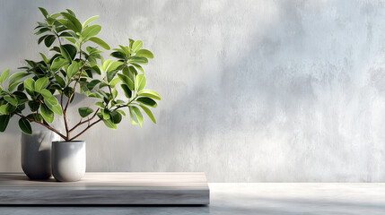 Urban jungle minimalist mockup, light gray cement, rubber plants, geometric display slab, morning light