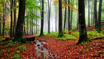 Autumn forest scene with a stream