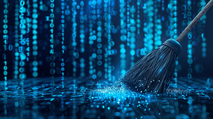 Broom sweeping a glowing trail of blue binary code across a dark surface with a cascade of digits falling in the background, representing data cleaning or cybersecurity.