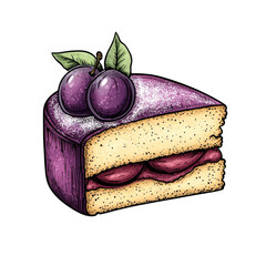 Engraved Style Illustration of a Plum Cake Slice with Tasty Cream Filling, isolated on transparent background.