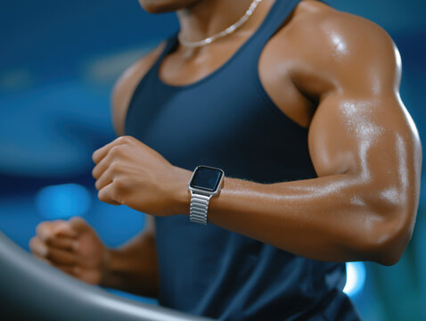Athletic male runner in a sleeveless shirt is exercising on a treadmill, showcasing muscular arms and a smartwatch, emphasizing fitness and health lifestyle choices - Powered by Adobe