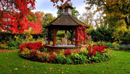 Autumnal gazebo with fountain.  Colorful garden