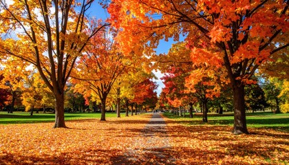 Autumnal pathway lined with vibrant trees
