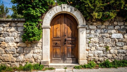 Aged wooden archway door in stone wall