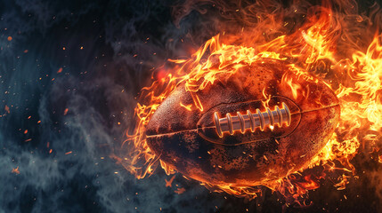 Rugby ball engulfed in dynamic flames and sparks against a dark, smoky background, symbolizing intense competition, power, energy, and the passion of the game.